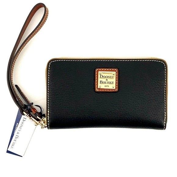 Dooney & Bourke Handbags - Dooney & Bourke Zip Around Phone Wristlet Pebbled Leather Black Brown ZR102